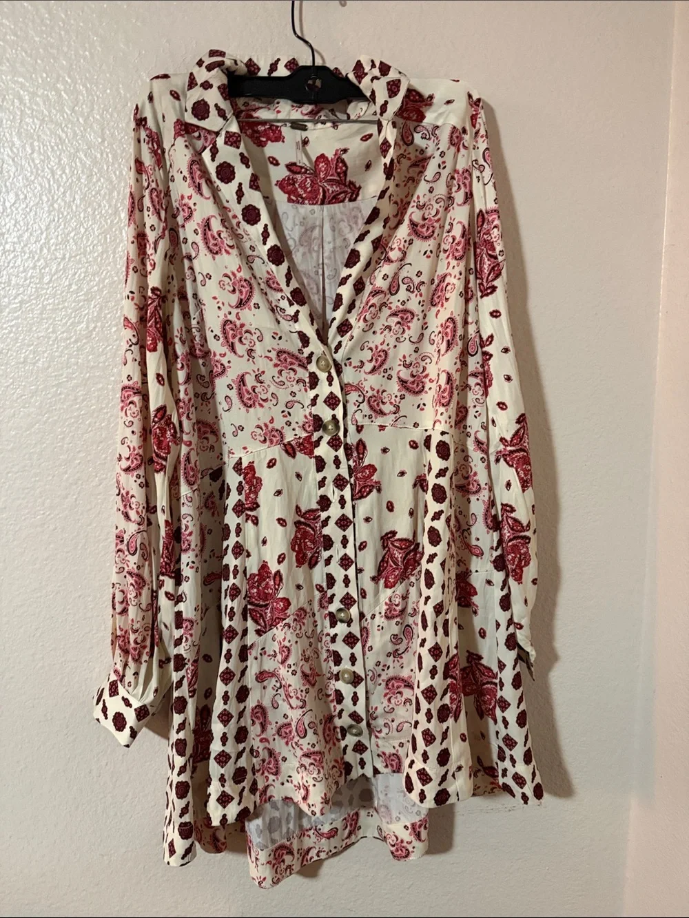 Free People Cream Tunic Dress with Red Paisley Floral Print Sylvie S